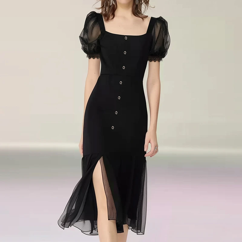 【诗语专属】AUI黑色名媛气质连衣裙网纱泡泡袖裙子-25X019483