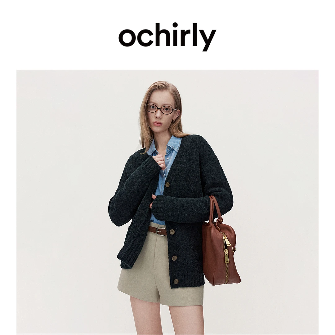 ochirly V领宽松针织外套女毛衣复古高级感秋季新品