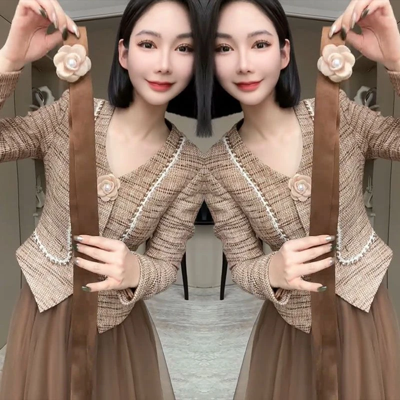 1080高级感2025秋新套装裙韩系小香风千金领带胸花纱裙长裙两件套