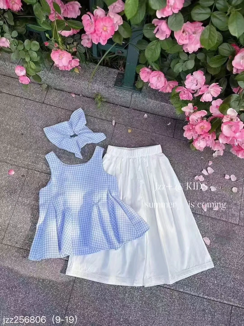 小童小清新精品无袖蓝白格背心裙白裤子套装清凉一夏