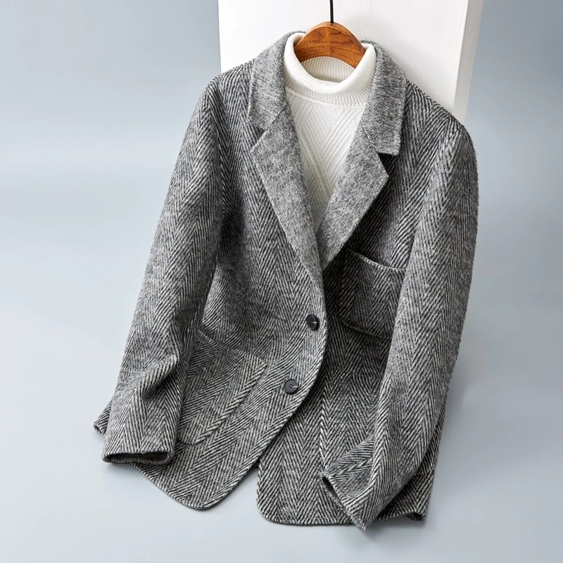 路茨梅帕人字纹双面羊毛呢子大衣男西装外套春秋风衣羊绒西服上衣