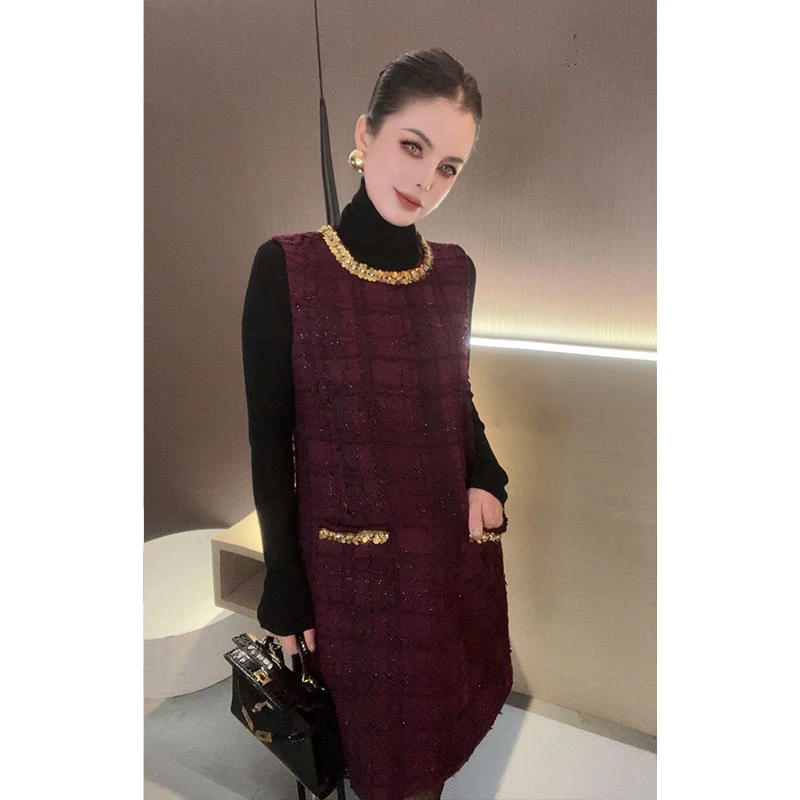 重工圆领无袖小香连衣裙Q30223