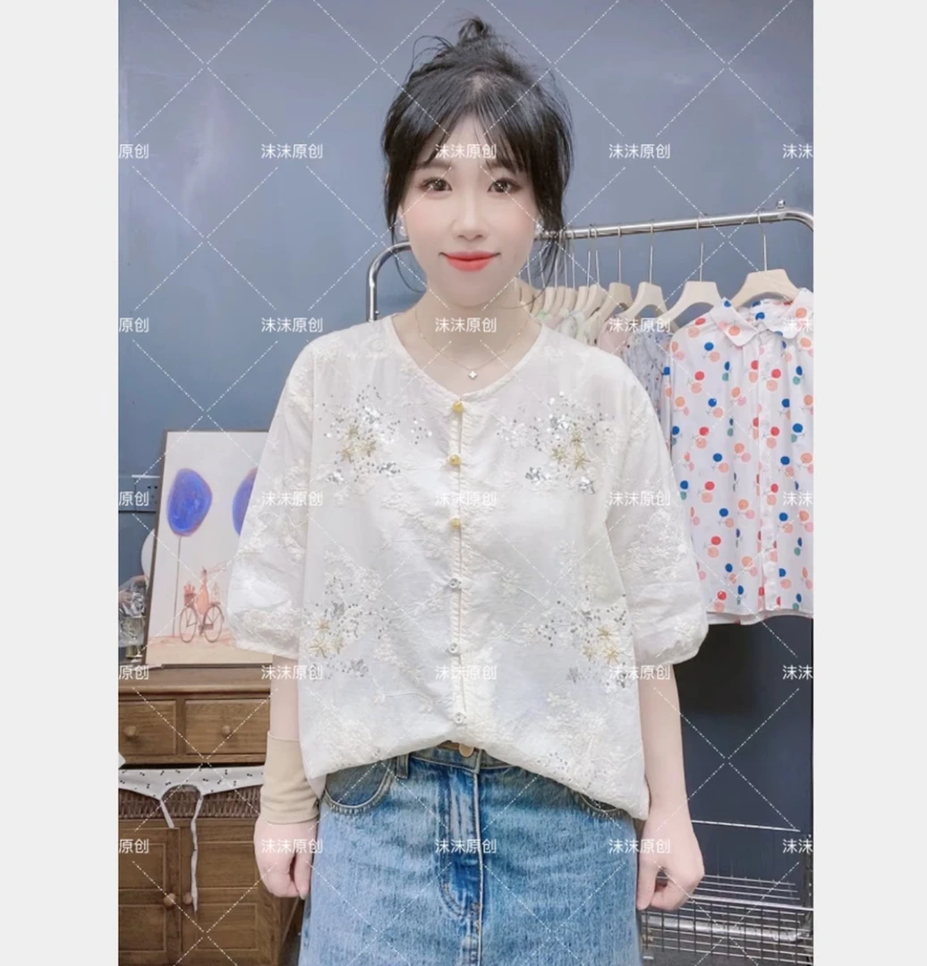 七月原创自制衬衣新中式圆领刺绣亮片串珠子夏季宽松短袖衬衫女