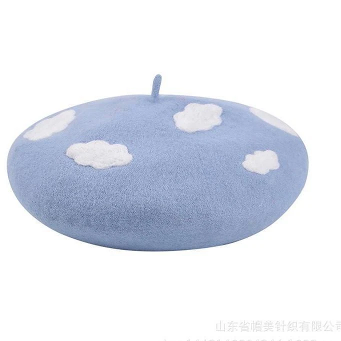 2022新女蓝天白云晴空万里手工羊毛毡清新日系云朵贝雷帽可爱帽子