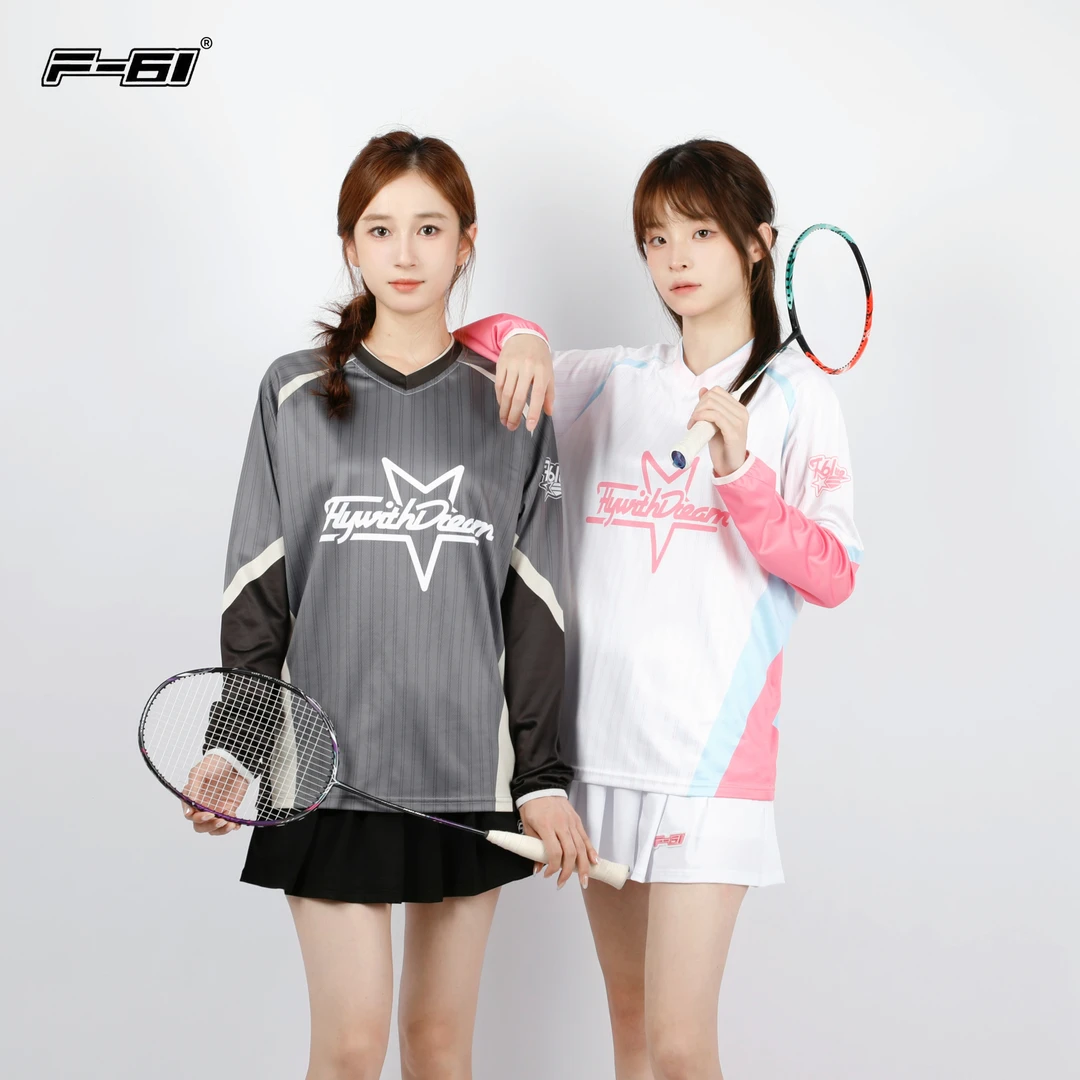 F61新款竖条纹长袖羽毛球服男女秋冬训练速干排汗吸汗透气运动T恤