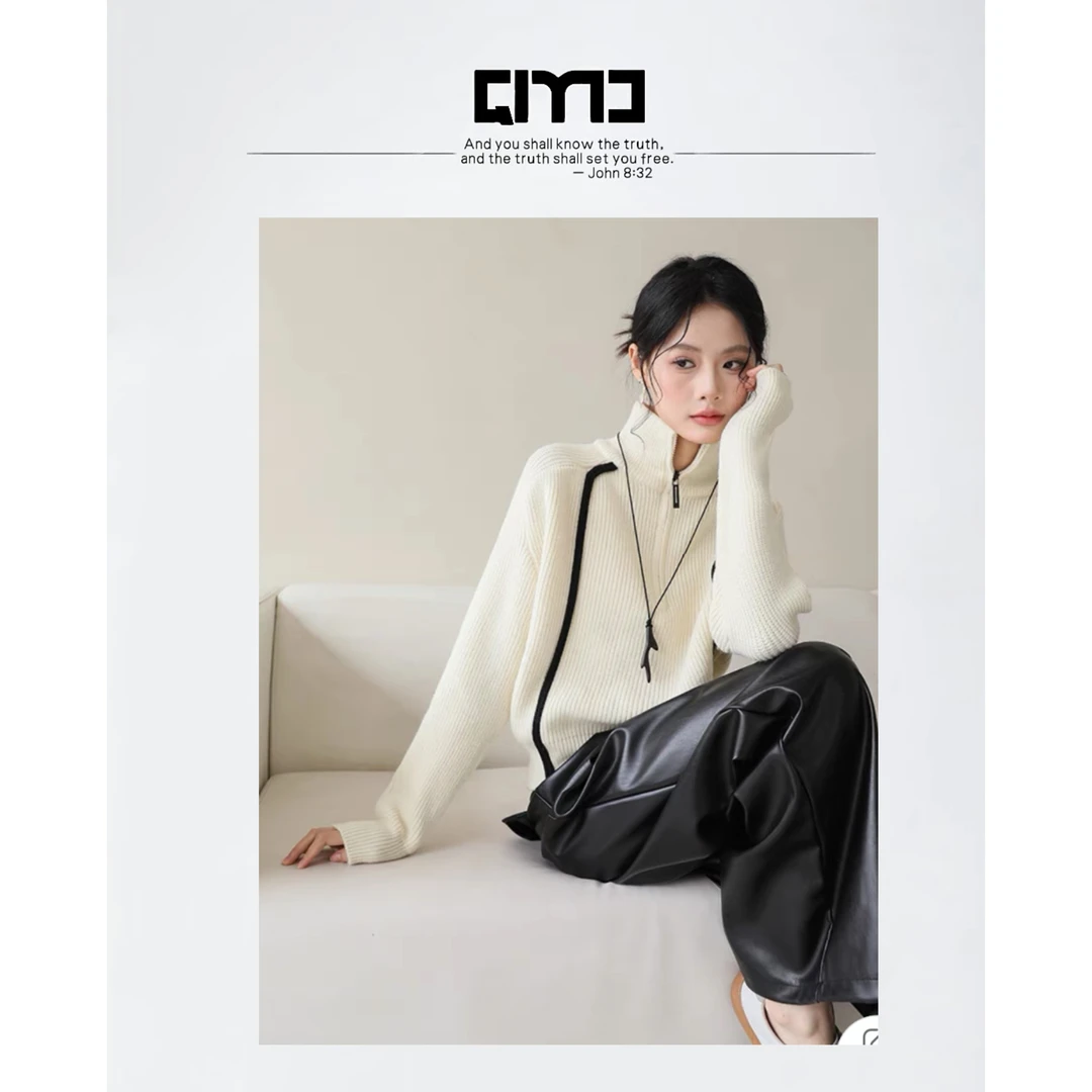 QIMO启茉（特价款A821#x拼接高领毛衣）