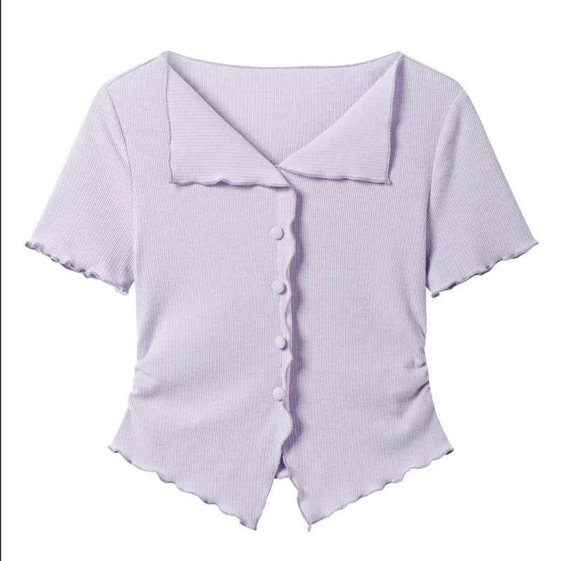 V领长袖T恤女木耳边不规则显瘦正肩短款上衣