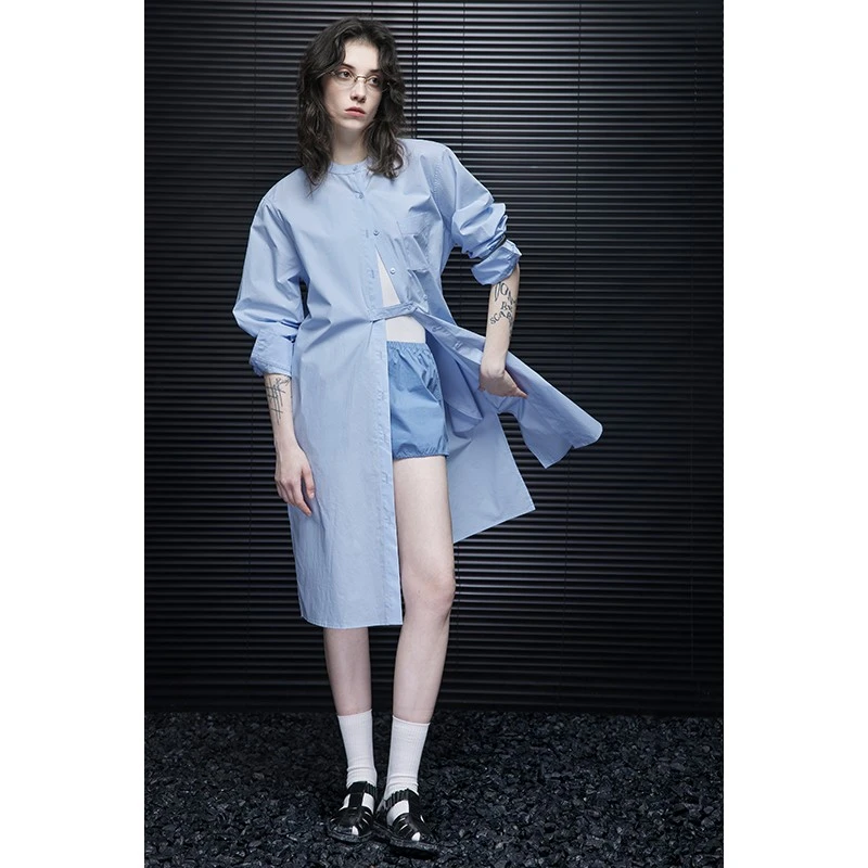 moment蓝色中长款衬衣裙连衣裙女2025春季新款设计感小众高级感