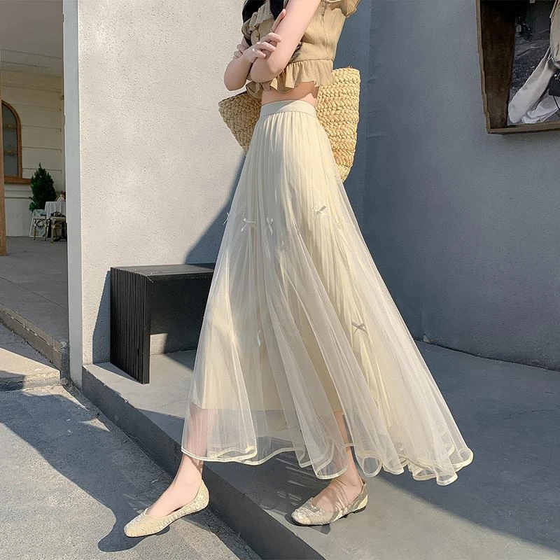 超仙网纱百褶半身裙女春季高腰显瘦a字纱裙小个子中长款大摆伞裙