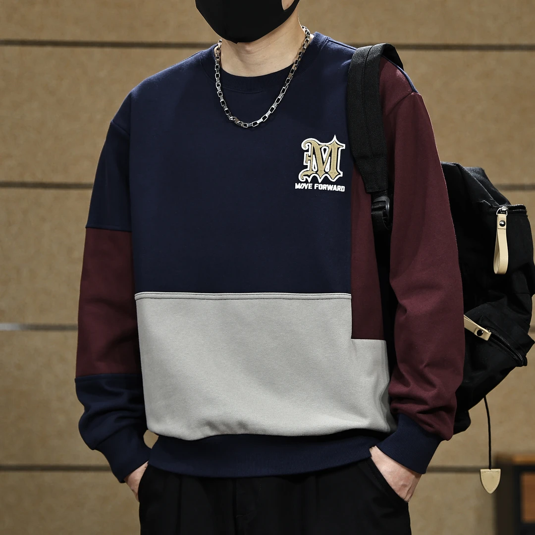 美式潮牌刺绣拼接套头圆领卫衣男士秋季新款宽松休闲长袖高端上衣