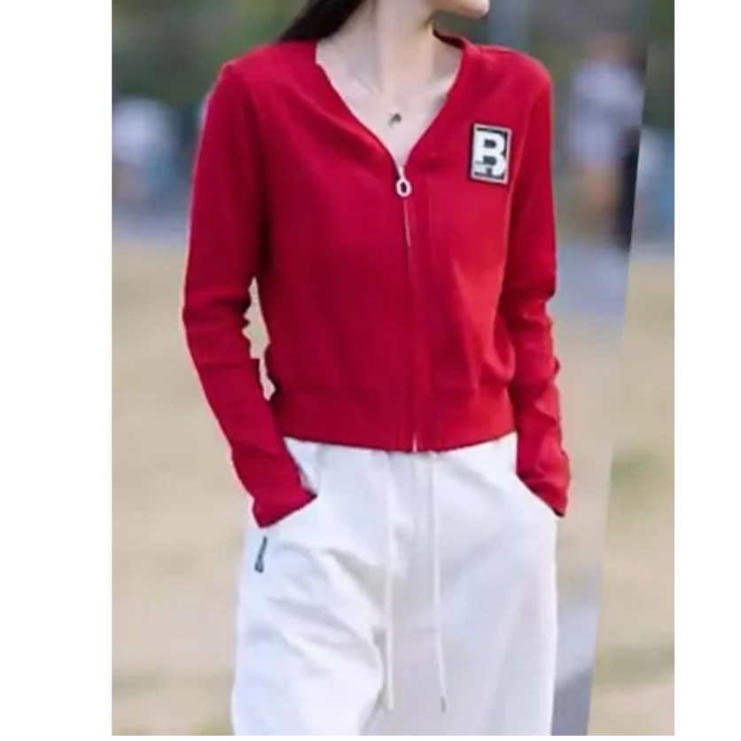 2024春秋新款长袖字母拉链开衫T恤时尚百搭B休闲女士上衣1256长51