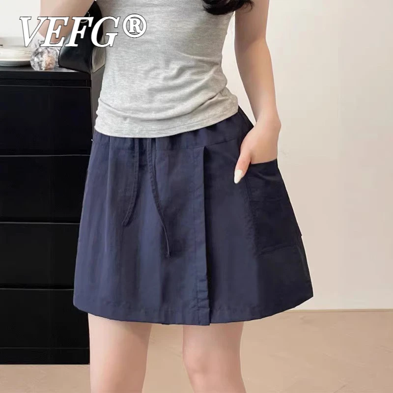 VEFG夏季女装2025年藏青色夏季新款高腰显瘦半身裙胖mm遮胯a字裙