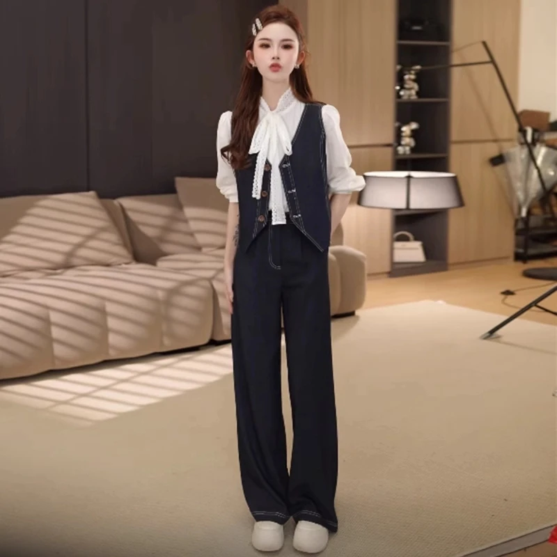 时尚牛仔套装女春季洋气质显瘦高级感马甲蝴蝶结衬衫阔腿裤三件套