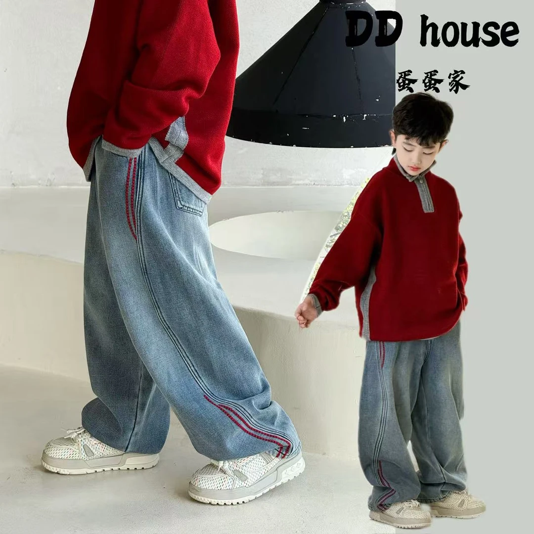 蛋蛋家【线条画笔】25540冬季新款蓝色红边加绒牛仔裤