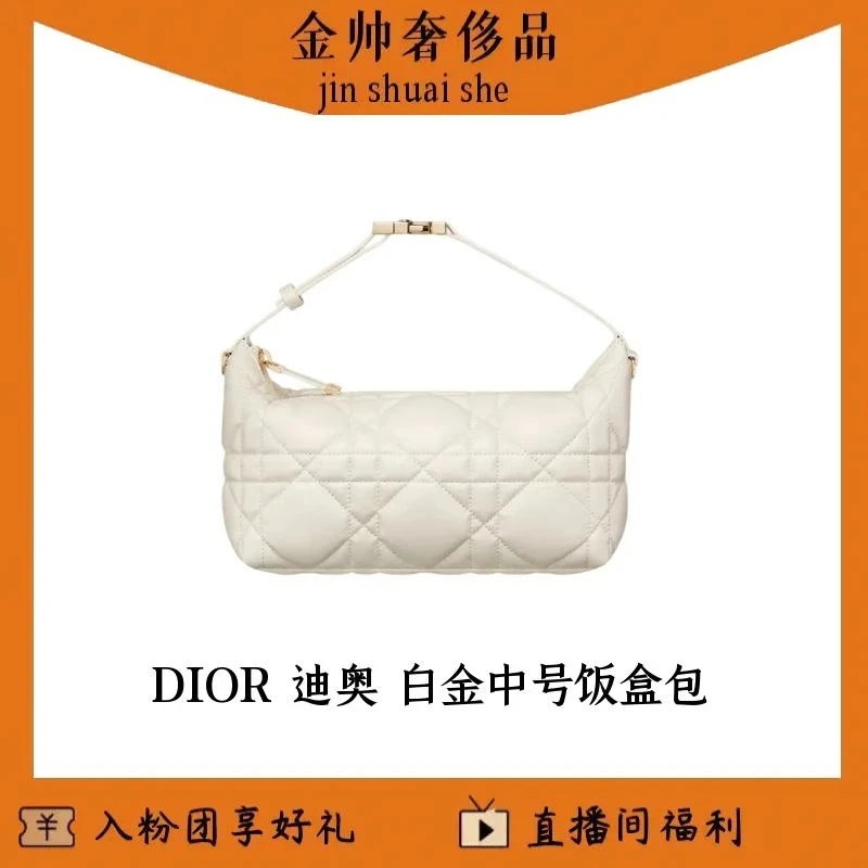 99新 DIOR/迪奥 白金/中号/饭盒包/单肩包/B6293