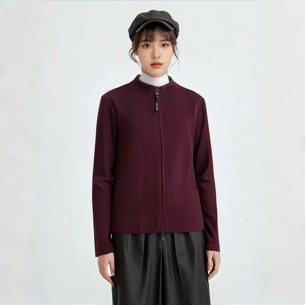 蚕丝绵羊毛秋季半高领时尚百搭休闲潮流极简拉链开衫女士