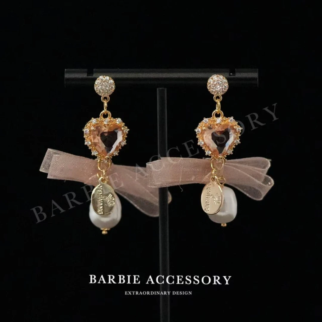 铜合金合成锆石耳饰 【心粉蝶结】法式既视设计款高级感绝美耳环