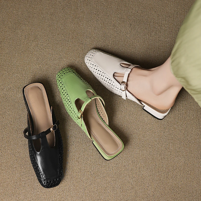 2025夏季新款高级感真皮粗跟低跟软底外穿休闲包头半拖鞋