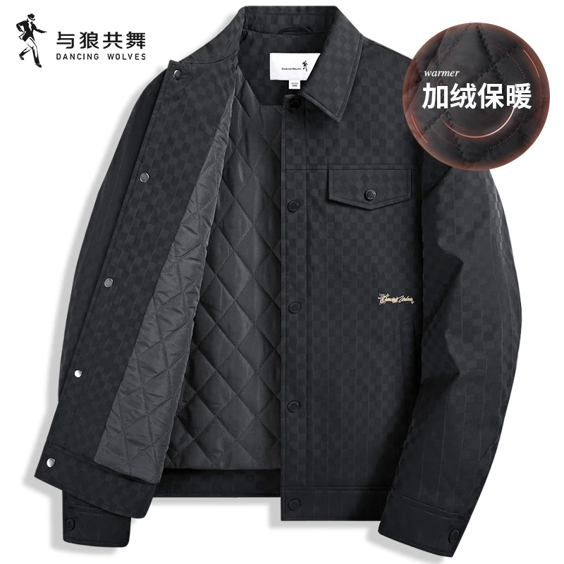【夹棉】与狼共舞翻领夹克男士2025秋冬新款棋盘格提花加厚保暖外套