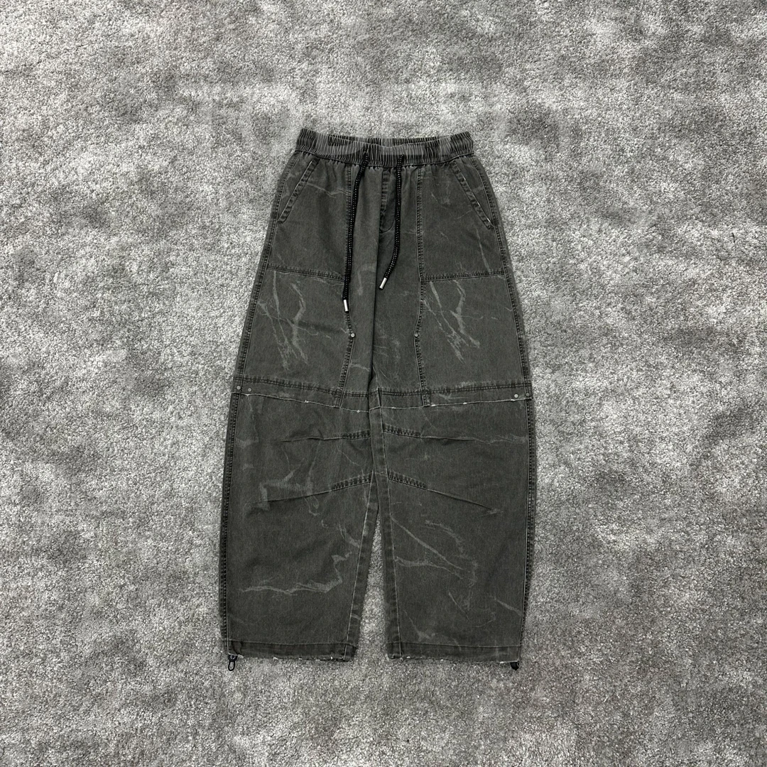 Tobefly纯棉磨破工装长裤男士休闲裤直筒宽松灰色做旧抽绳261698