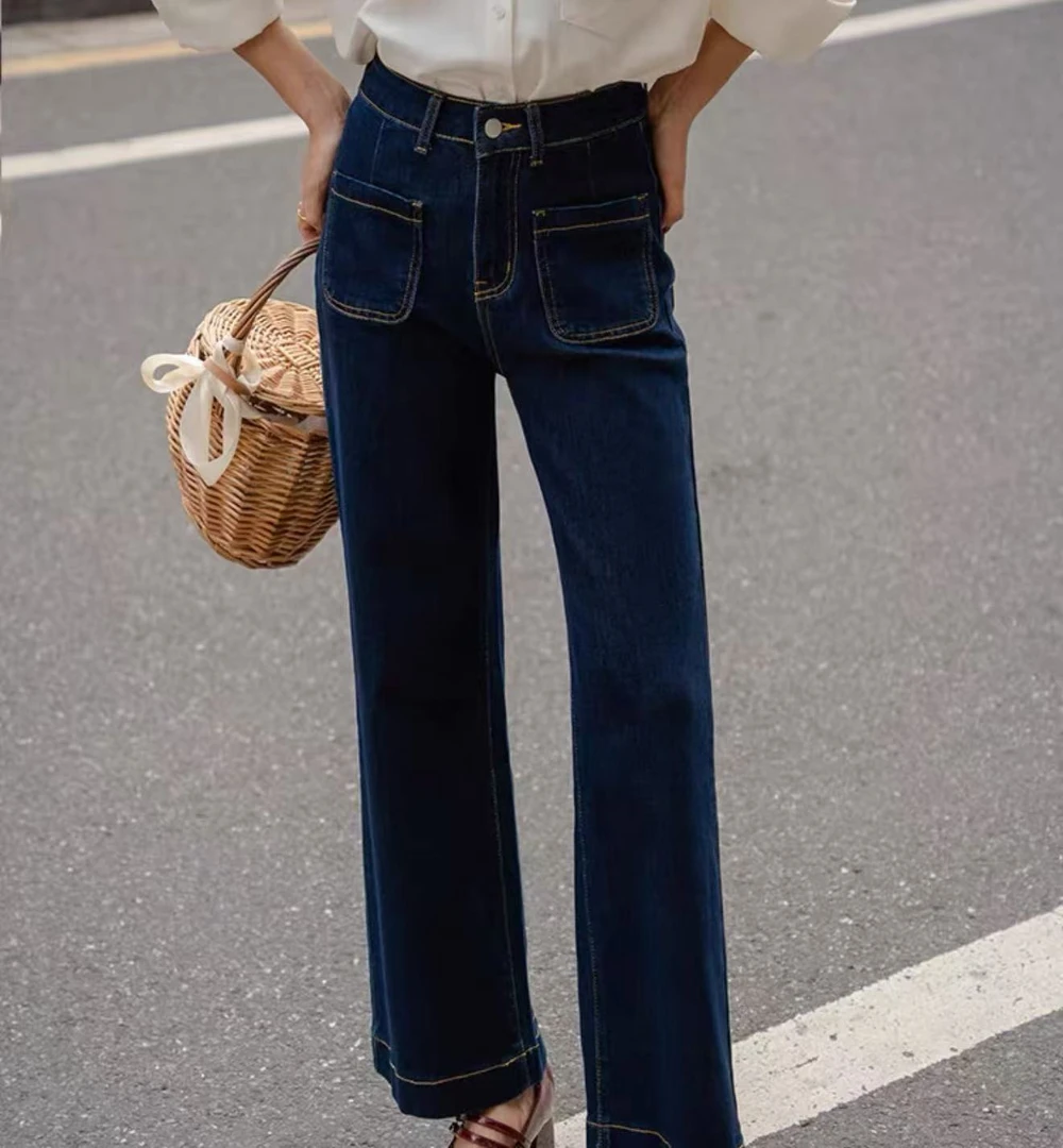 2507-（图片以直播间实物为准）蓝色直筒牛仔裤阔腿裤子小个子港风