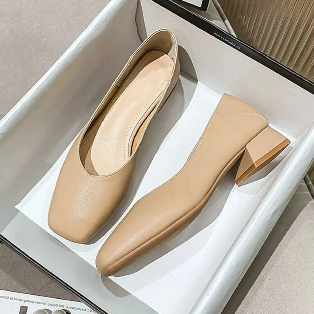 真皮单鞋豆豆鞋女2025新款夏季粗跟仙女鞋中跟浅口高跟奶奶鞋大码