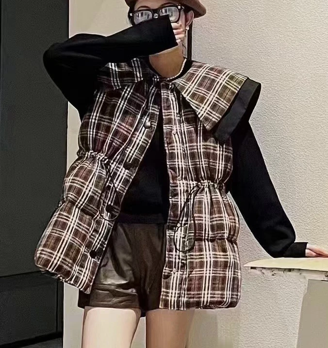 欧货女装冬季新款时尚减龄海军领格子抽绳鹅羽绒服