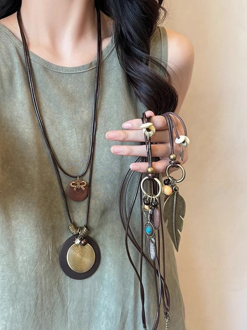 新中式禅意长款羽毛项链女复古民族风叠戴毛衣链新款波西米亚配饰