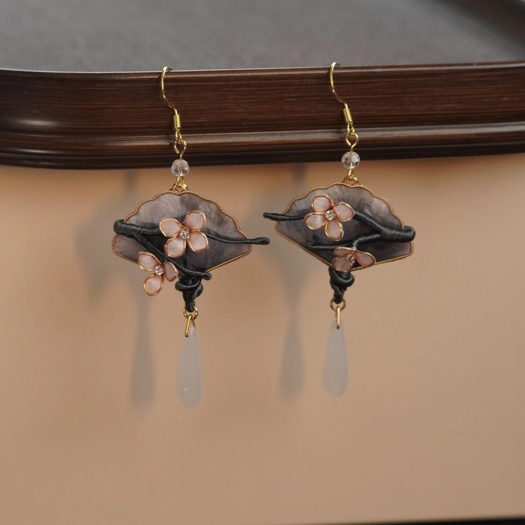 合金耳饰 古风水墨扇耳环  精工手作款 大气华贵非遗缠花复古气质