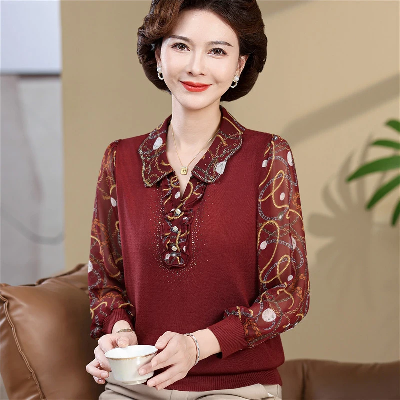 妈妈装秋装长袖羊毛针织小衫薄款上衣服中年女士春秋翻领纱袖T恤