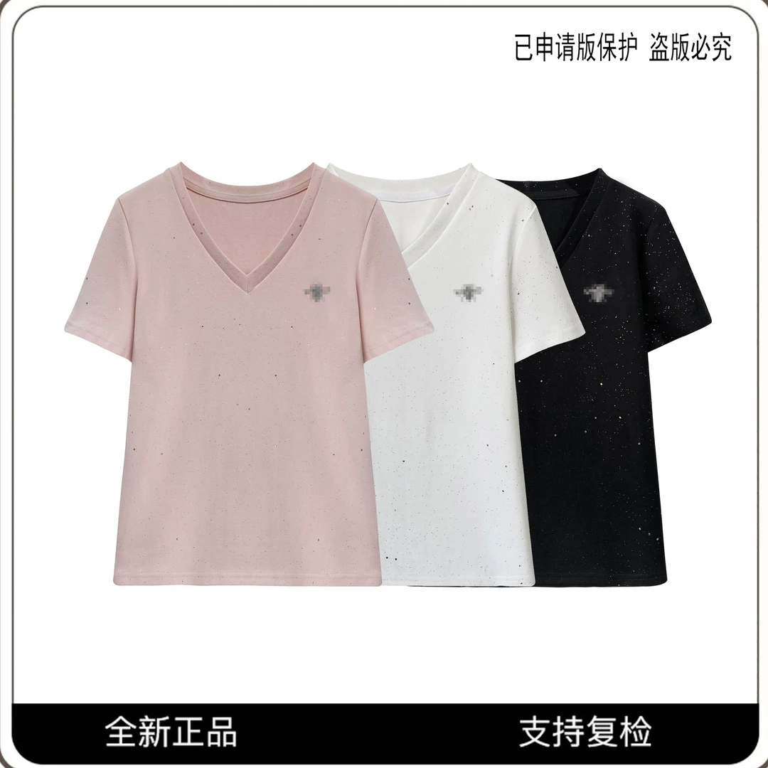 25121#CSIN轻奢简约休闲V领短袖T恤2025春夏显瘦百搭个性上衣