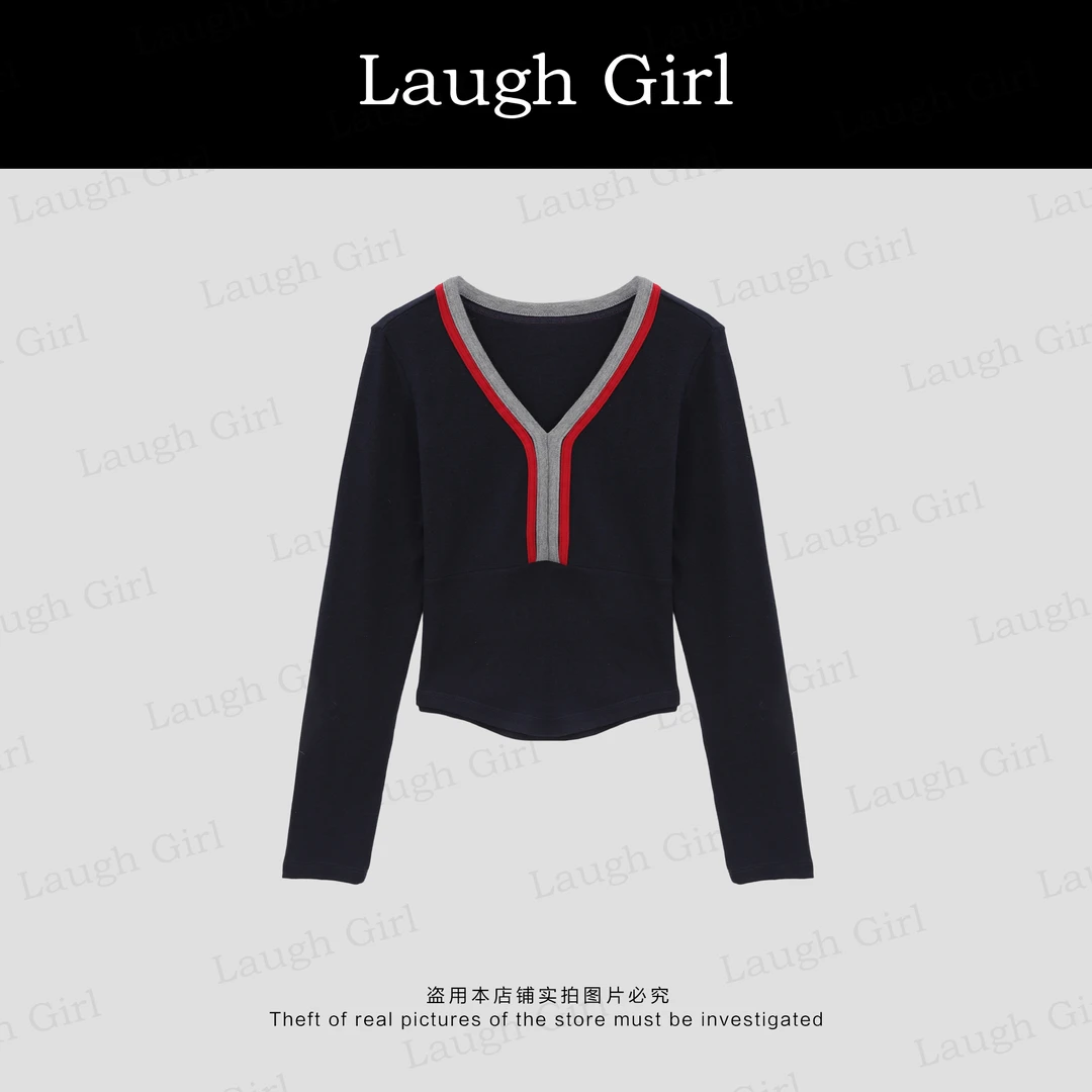 楚楚君 Laugh girl【糯米T】早秋新款拼色V领显瘦长袖上衣CL531093J