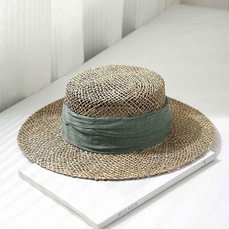 「老钱风」平顶遮阳夏季空气感天然咸草帽法式复古镂空编织草帽女
