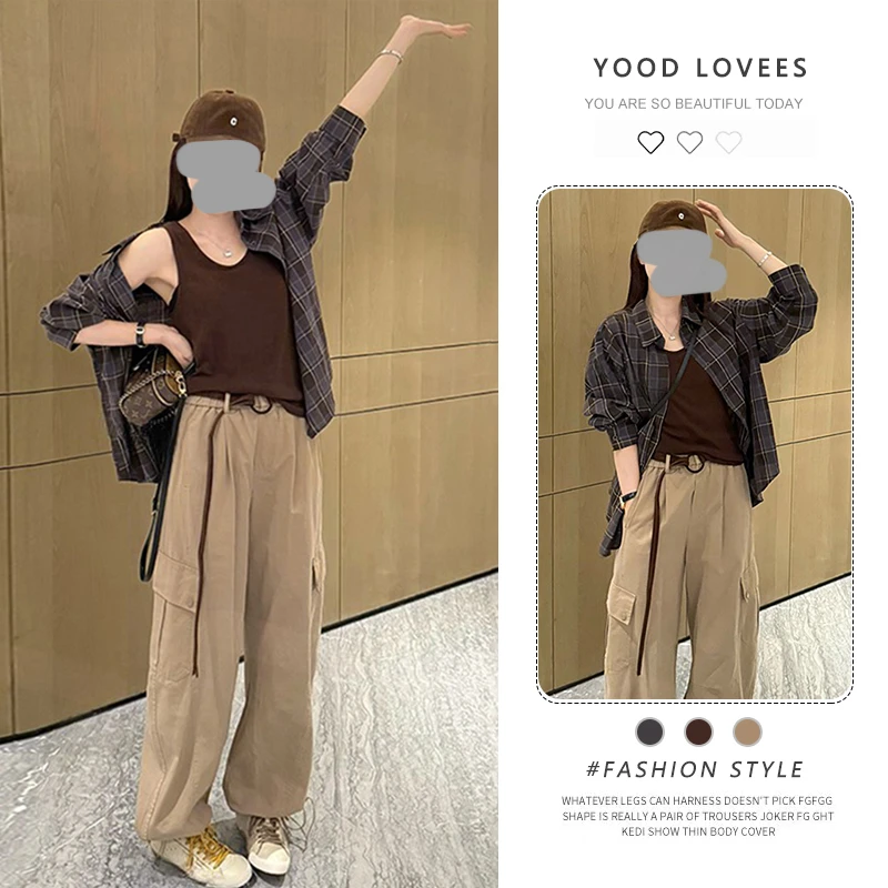 韩系时尚长袖格子衬衫+背心+阔腿工装裤三件套女2025春秋百搭套装