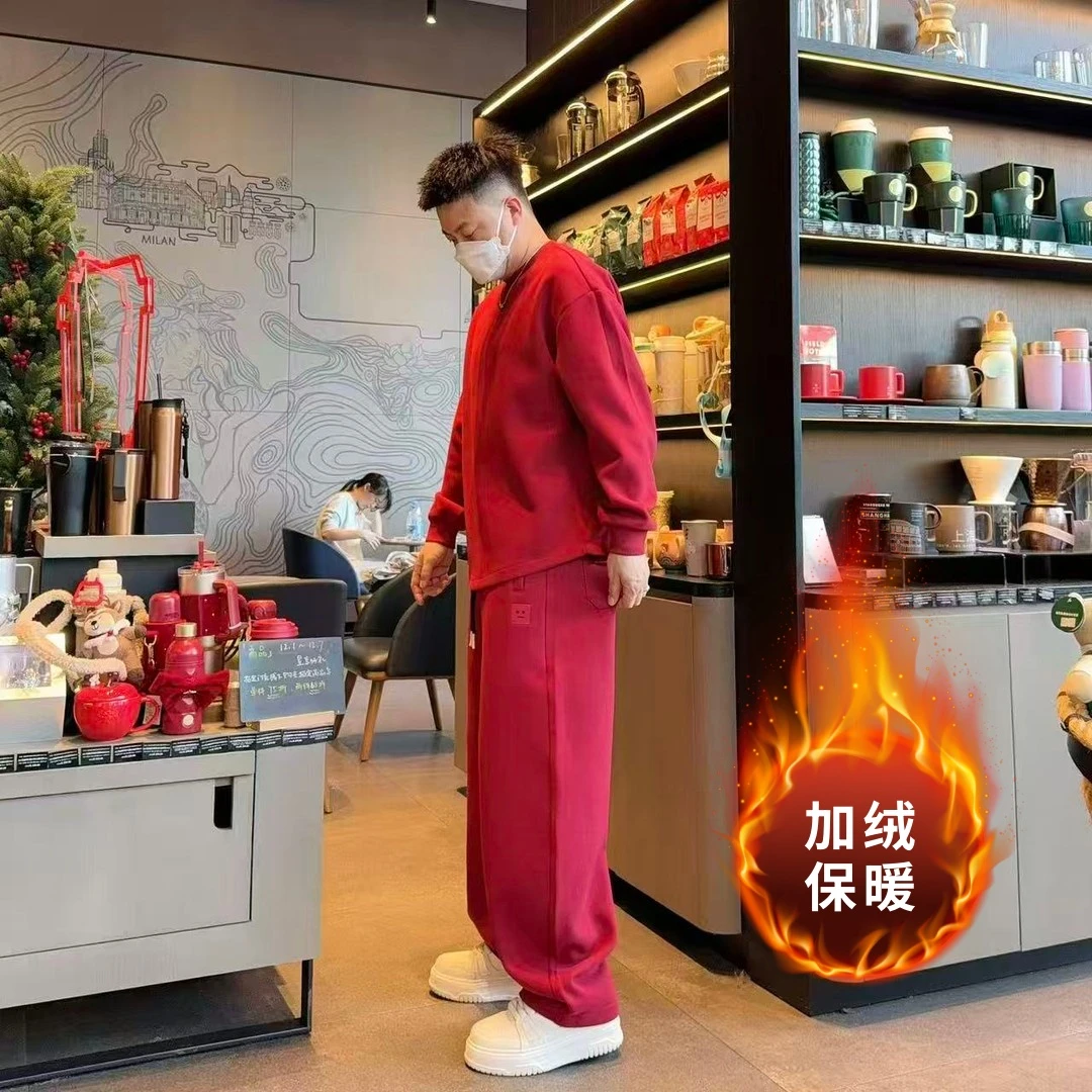 冬季新款加绒加厚男士套装哈伦阔腿直筒裤宽松百搭保暖休闲两件套