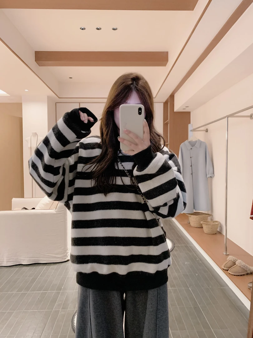 漫姐的店【条纹卫衣】25新款韩系冬加绒条纹卫衣休闲上衣