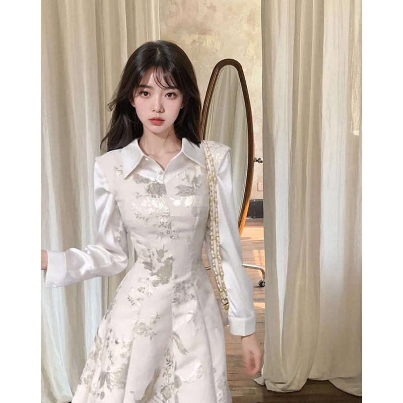 复古长袖收腰富家千金 名媛风感轻奢贵气印花连衣裙+感衬衫套装女