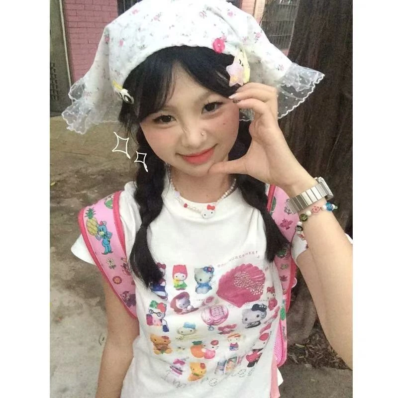 美式白色正肩短袖女夏季hellokitty修身短款t恤弹力甜酷辣妹上衣