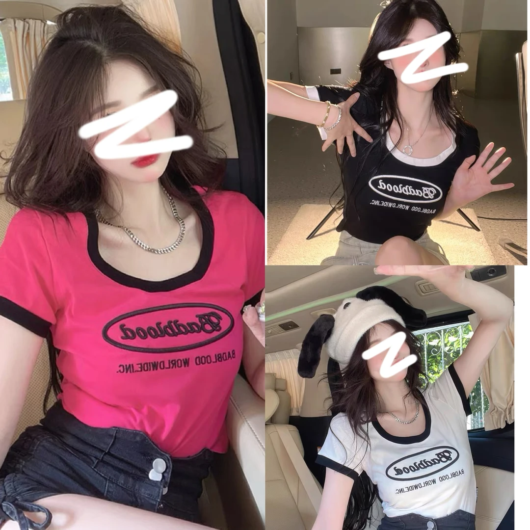 2025夏季新款撞色拼接印花辣妹U领上衣25005