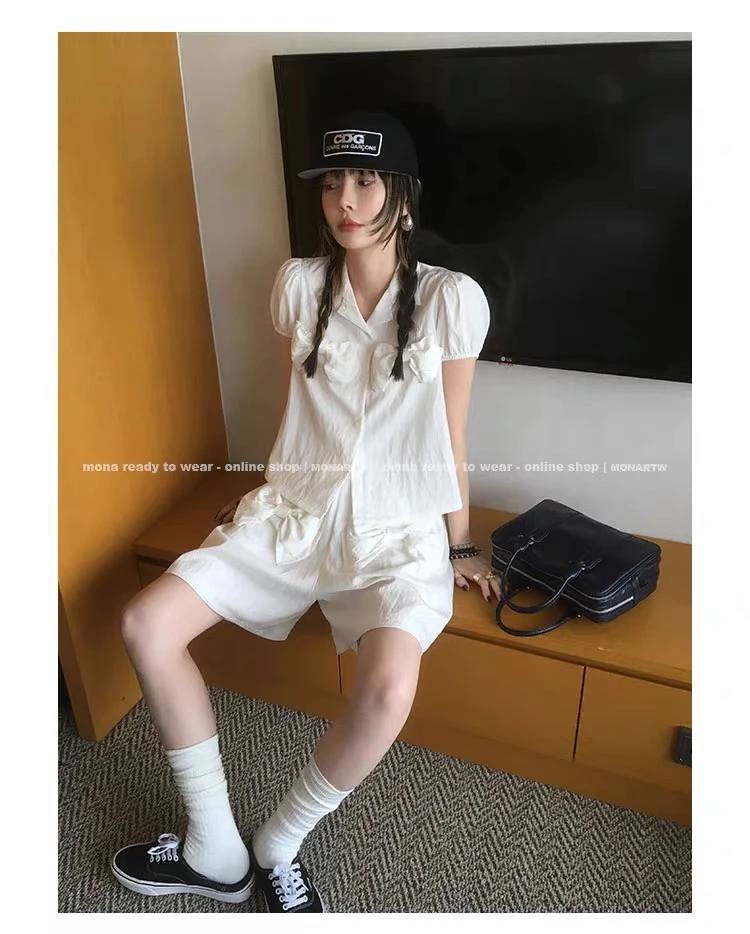 蝴蝶结设计时尚气质黑白色上衣高腰裤子套装适合小个子女性