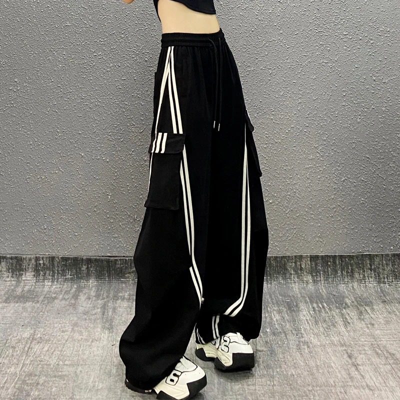 条纹拼色褶纹设计休闲弯刀裤女春新款高腰宽松显瘦百搭直筒香蕉裤