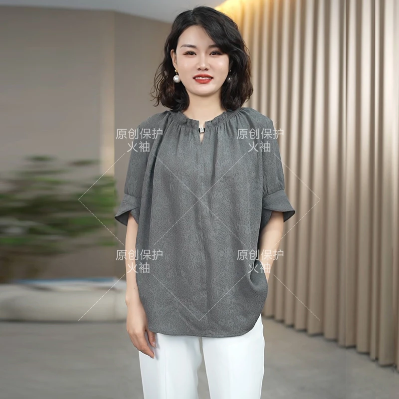火袖G105中老年女装气质圆领春夏新款宽松遮肉纯色夏季短袖小衫女