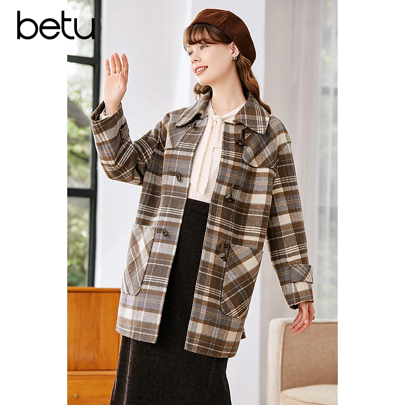 【反季捡漏】百图冬季新款时尚复古咖系格纹双面呢大衣2211T27