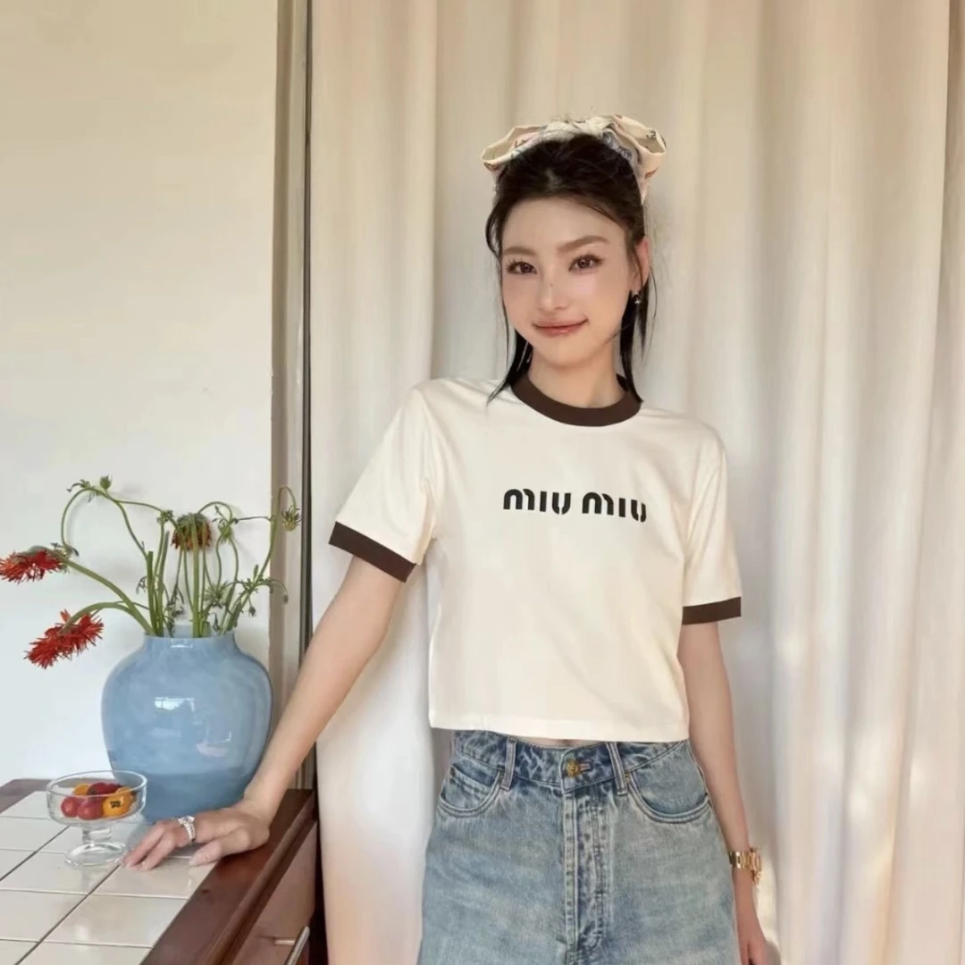 99新 MIU MIU/缪缪 2dd001/拼色字母短袖T恤 粘胶纤维 s码