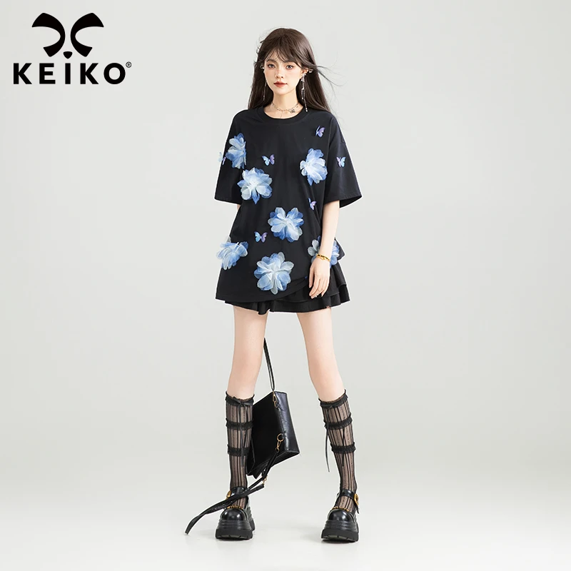 KEIKO [手工扎花] 黑色短袖T恤女25夏季梦幻蝴蝶印花宽松圆领上衣