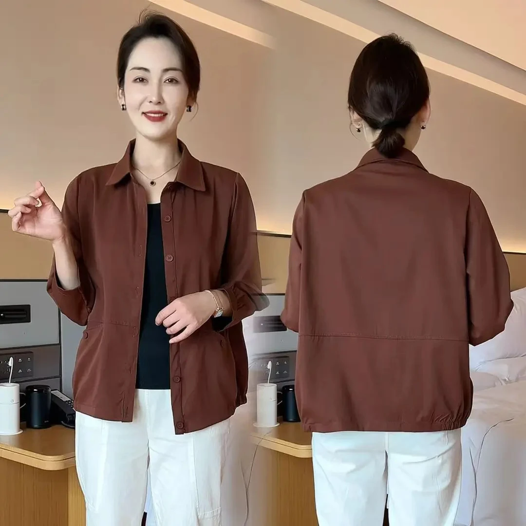 秋季新款妈妈装纯色短外套百搭宽松小个子薄款衬衫上衣中老年女装