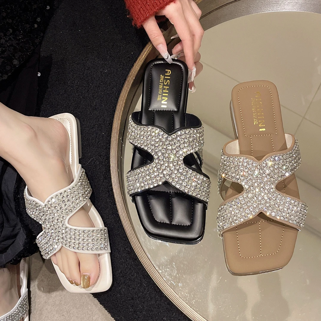 【48小时发货】高级感水钻一字拖女夏季轻便平底拖百搭拖鞋A21