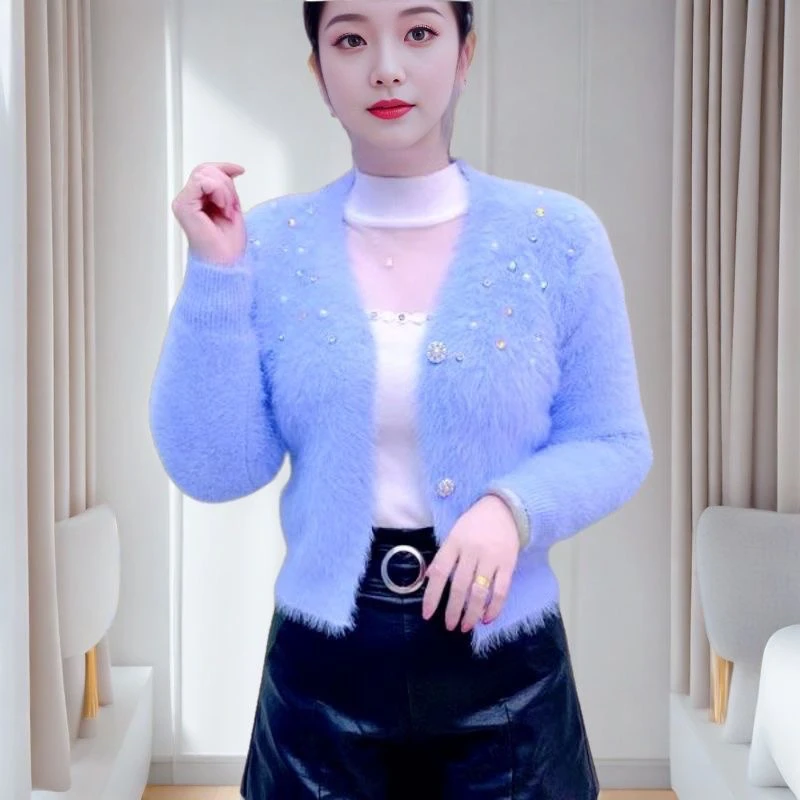 轻奢绝美重工雪花造型水钻软糯毛毛短款上衣外套甜美减龄毛衣外套