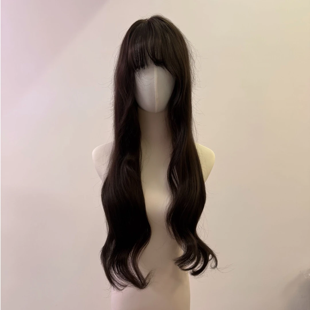 秋英刘海款 黑茶色70cm大波浪进口发丝可随意分缝大蕾丝假发