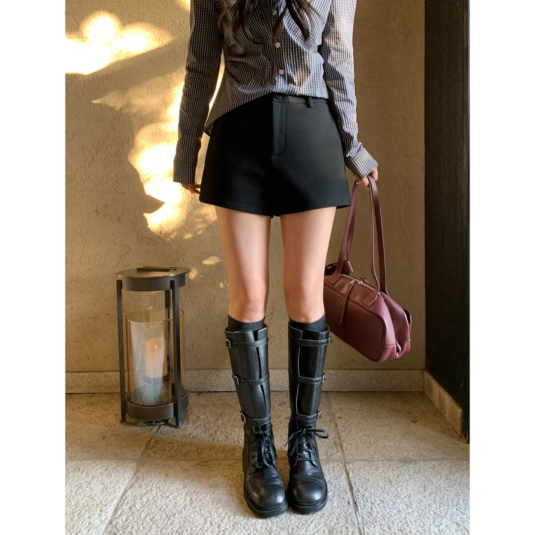 pusumede 极简都市 黑色休闲a字阔腿短裤女秋冬外穿显瘦直筒靴裤